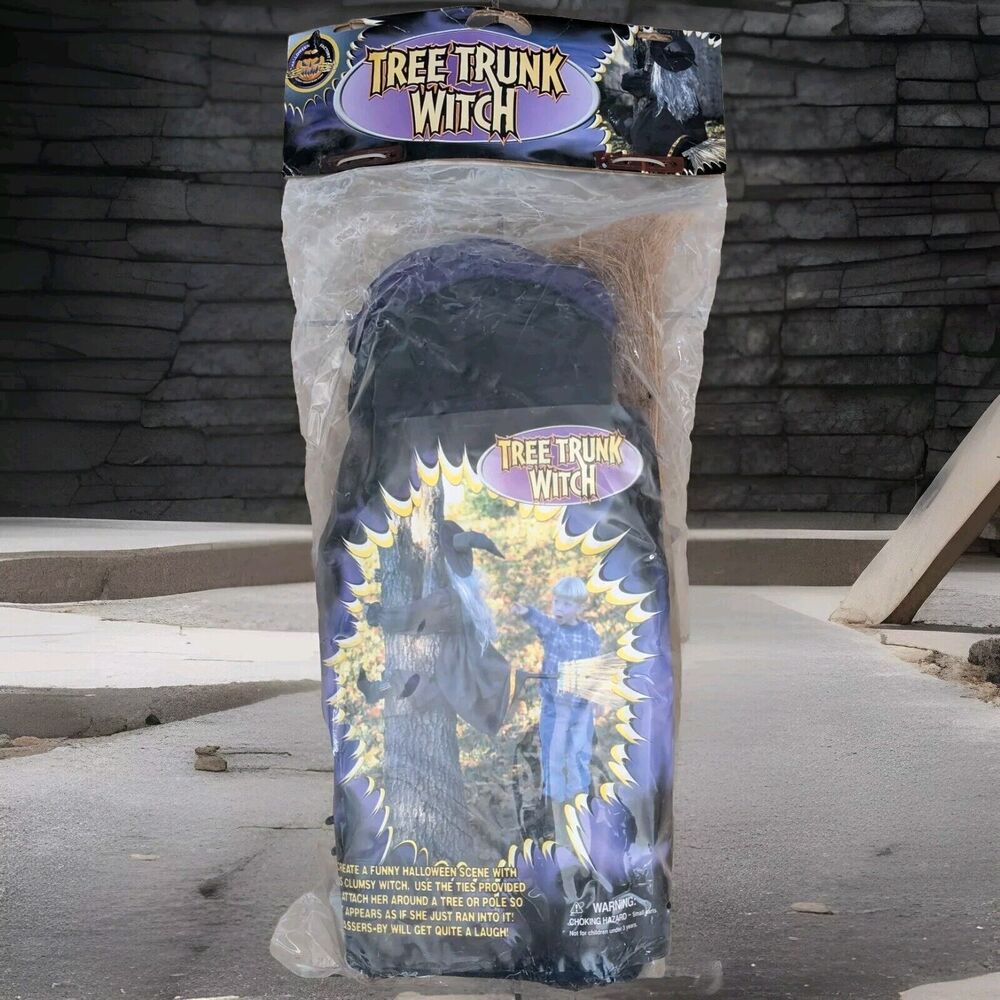 Vintage GEMMY Tree Trunk Witch On Broom Crashed Halloween Outdoor Decor 1998 NOS